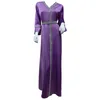 Ethnic Clothing Women Muslim Satin Maxi Dress Rhinestone Belted Turkey Arabic V-Neck Kaftan Robe B36D