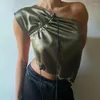 Women's Tanks Summer 2023 Woman Elegant Top Cropped Luxury Women Satin Off Shoulder Drawstring Vest Vintage