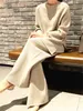 Women's Tracksuits REALEFT Autumn Winter 2 Pieces Women Sets Knitted Tracksuit O-Neck Split Sweater and Wide Leg Jogging Pants Pullover Suits 230220