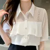 Женские блузки Blusas Mujer de Moda 2023 Белая блузя топы рубашки женщины черные летние шифоновые рубашки Женщина с коротким рукавом пуговица к пуговицам.