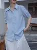 Kvinnor BLOUSES Blue Chiffon Shirts Women Blus Turn-Down Collar Top Puff Sleeve Shirt 2023 Summer Short Office Lady Clothes Haut Femme