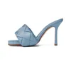 セクシーなフラットスライドリドサンダル織高級デザイナー女性スリッパスクエアミュール靴レディースウェディング 7 センチメートルヒールドレスサンダル高品質