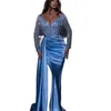 Атласные синие бусины вечернее платье v шея с длинным рукавом хрустальные бусинки русалочка платья выпускной пропускной способности