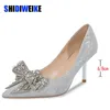 SDWK 6CM 8CM New Fashion Satin Pointed Toe with Rhinestone Bow Sexy High Heels Banquet Party Women Shoes 41 42 43 AD3283 0220