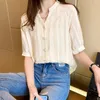 البلوزات النسائية Blusas Mujer de Moda 2023 الصيف القصيرة الأكمام قمم النساء بلوزة V-Neck شيفون قميص أزياء كورية ملابس المرأة