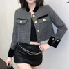 Women's Jackets Elegant Women Black Weave Tweed Jacket Coat Office Ladies Fashion Stand Collar Long Sleeve Gold Button Casual Outwear