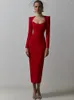 Casual klänningar långärmad bandage klänning röd kvinnor midi fest bodycon elegant sexig kväll födelsedagsklubb kläder 2023 år mode