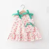 Mädchen Kleider Baby Sommer Prinzessin Kleid Koreanische Nette Schleife Zitronendruck Ärmellose Baumwolle Kleine Mädchen Senden Umhängetasche Geborene Kleidung