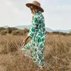 Casual jurken lente en zomers mode revers Lange jurk lange jurk bloemen afdrukken veter taille sexy lange mouwen elegant pastoraal