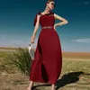 Abbigliamento etnico Abito allacciato senza maniche rosso scuro europeo e americano Dubai con diamanti Viaggi Donna musulmana alla moda