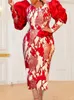 Sukienki swobodne eleganckie kobiety haftowe sukienka czerwona zaciągnięcie długiego rękawa gołego ramię peplum ołówek vintage impreza urodzinowe suknie urodzinowe