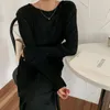 Casual Dresses Spring And Autumn Retro Simple Dress Elastic Waist Long-sleeved Elegant Pleated Black