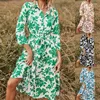 Casual jurken lente en zomers mode revers Lange jurk lange jurk bloemen afdrukken veter taille sexy lange mouwen elegant pastoraal