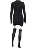 Women Socks Hirigin Two-Piece Dress Outfit Long Sleeve Turtleneck Solid Color Skinny Wrapped With Buckles And Stockings Set