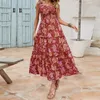 Casual Dresses Womens Boho Summer Floral Print Tie Rems ärmlös fyrkantig halsmockad flödande rufs en linje maxi klänning lös