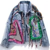 Damenjacken Frühling Herbst Frauen Patch Denim Bomberjacke weibliche Persönlichkeit Kurzdiamonds Quasten Jean Mantel Jaqueta