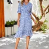 Party Dresses Casual Elegant Summer Ruffle Midi Dress Flower Print Kort ärm V-ringning Hög midja Fit A-Line Leisure Beach Style Slite