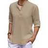 Men Shirt New Men's Linen Long Sleeve V-Neck T Shirt Solid Color Casual Hawaiian Shirt Yoga Button Breathable Top Shirts for Men