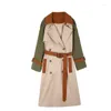 Rówek damski Coats w stylu koreański midi długie patchwork vintage kobiety wiatrówki 2023 Wiosenna jesień podwójna piersi z szarfią płaszcz żeński