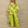 Calças femininas de duas peças conjunto de primavera feminino 2023 trabalho perna larga verde vintage boho camisa vestido casual solto streetwear terno Y2k