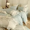 寝具セット1000TCエジプト綿ロマンチックなフレンチプリンセスセットローズ刺繍レースフリル布団カバーベッドシート枕カバー