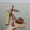 Womens high heeled sandals ankle band designer high quality woven Lafite straw shoes cow leather 13CM heel thick platform casual sandals factory shoe