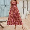 Casual Dresses Womens Boho Summer Floral Print Tie Rems ärmlös fyrkantig halsmockad flödande rufs en linje maxi klänning lös