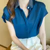 Kvinnors blusar batwing hylsa kort nät satin blå kvinnor blus smal vit skjorta kvinna kläder 2023 sommar topps koreanska mode kemisier