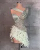 Mini Mermaid Prom Dresses Sexy One Shoulder Feather Sequins Tailor Made Short Evening Gowns High Thigh Split Robe De Mariee