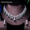 Ensembles de bijoux de mariage Trois grâces de luxe vert CZ pierre boucles d'oreilles collier ensemble brillant grande longue goutte de mariage robe de mariée ensemble de bijoux pour les femmes JS256 230217