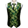 Men's Vests 5PCS Mens Silk Suit Vest V-Neck Green Floral Waistcoat Brooches Set Casual Formal Groomsman Jacket Male Wedding Barry.Wang