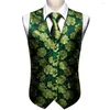 Mäns västar 5st herr Silk Suit Vest V-Neck Green Floral Waistcoat Brosches Set Casual Formal Groomsman Jacket Male Wedding Barry.Wang