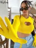 تي شيرت للسيدات Hugcitar Women Fall Fashion Solid Long Long With Gloves Hollow Out Bodycon Sexy Crop Top Tshirt Vintage Streetwear Y2K Party 230220