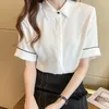 Damesblouses kantoor dame gestreepte witte dames knop Koreaanse mode blauw shirt vrouw korte mouw 2023 zomer tops chemisier femme