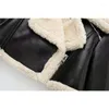 Frauen Pelz Frauen Winter Faux Leder Jacke Mode Langarm Revers Fleece Leinen Mantel Dame Einreiher Motorrad Warme outwear