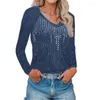 T-shirts Femmes 2023 Printemps Automne Femmes Slim Col V Côtelé Tops en tricot Paillettes Diamants T-shirt Dames Mode Casual Manches Longues Rue