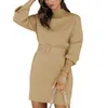 Casual Dresses Women Elegant Sweater Dress Solid Color Turtleneck Long Sleeve Knit Pullover Bodycon Mini With Belt