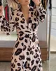 Vestidos casuais femininos estampa de leopardo amarrado maxi vestido 2023 femme button design de manga longa V Robe de pescoço