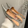 Genuine Leather Pointed Closed Toe Silver White Size 33-41 Women Party Wedding Kitten Heels Slingback Sexy Lady Summer Sandals 0220