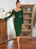 Casual Dresses 2023 Winter Green Color Women Long Sleeve Square Collar Bodycon Midi Dress Rayon Bandage Fashion Celebrate Birthday Costume