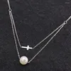 Pendanthalsband MXGXFAM 316L Titanium Steel 45cm Pärla och kors för kvinnor Fashion Jewelry Gold / White Rose Color