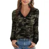 T-shirts Femmes 2023 Femmes Mode Léopard Imprimé Tops Automne Manches Longues Boutons Col V Camouflage T-shirts Dames Casual Loose Street