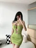 캐주얼 드레스 달콤한 미니 탱크 드레스 여자 여름 꽉 엉덩이 중공 허리 녹색 얇은 패션 섹시한 한국 소녀 여성 0tec