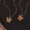 Pendant Necklaces Hollow Pink Zircon Butterfly Stainless Steel Collar Necklace Gold Color Texture Creative Stylish Jewelry