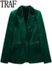 Costumes pour femmes Blazers TRAF velours Blazer femmes hiver vert couture femmes Blazer ensemble 2 pièces à manches longues Chic et élégant femme veste 230220