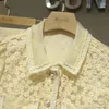 Abiti da lavoro di alta qualità elegante estate dolce risvolto ricamo a due pezzi set da donna pizzo floreale tasca camicia vita mini abiti gonna