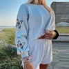 Women's Polos Women Two-piece Clothes Set Grey Butterfly Printed Pattern Pullover And Shorts With Pockets S/ M/ L