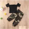 의류 세트 16y 패션 아이 여자 아기 의상 검은 색 짧은 슬리브 오프 쇼더 tshirt topsaddcamouflage apfit 2pcs1 드롭 배달 ma dhci3