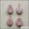 Charms Gold Color Pink Rose Quartz Wire Wrap Handmade Tree Of Life Natural Stone Pendants Diy Necklace Jewelry Making Drop Delivery Dhd58