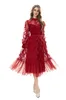 Runway-jurken voor dames O-hals Lange mouwen Ruches Kant Mesh Patchwork Mode Mid Prom Vestidos